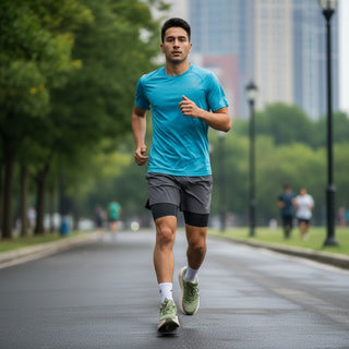 A man running on a park path wearing FWSports Shoes Hoka Bondi 9 green cushioned running sneakers