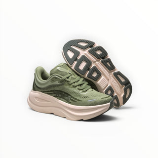 FWSports Shoes Hoka Bondi 9 men's running sneakers in green with a thick beige cushioned midsole and rubber outsole.