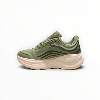 FWSports Shoes Women's Hoka Bondi 9 running shoe in olive green with a thick, plush beige EVA midsole.