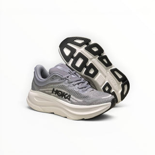 FWSports Shoes Womens Hoka Bondi 9 running shoe in grey with engineered mesh upper and thick cushioned EVA midsole