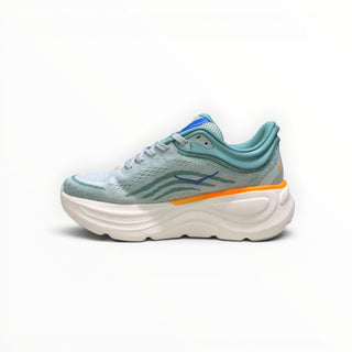 FWSports Shoes Hoka Bondi 9 women's running shoe in light blue and orange with plush EVA midsole and mesh upper.
