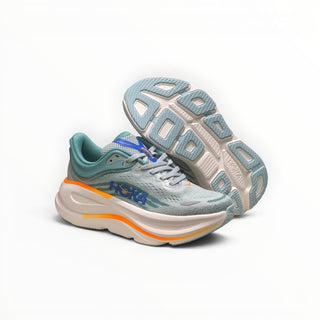 FWSports Shoes Hoka Bondi 9 men's running shoe in light blue and orange with plush EVA midsole and mesh upper.