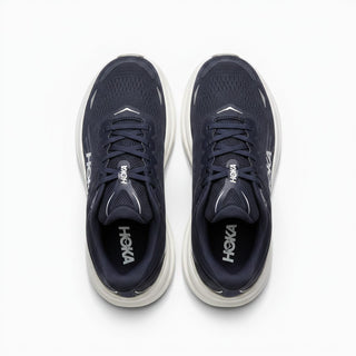 Top view of FWSports Shoes Hoka Bondi 9 men's running shoes in naval blue with plush cushioning and mesh upper.