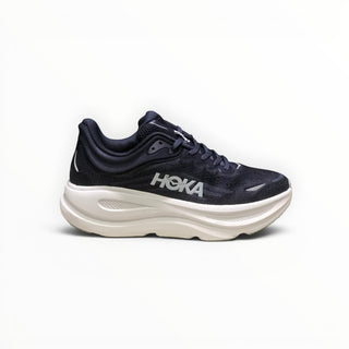 FWSports Shoes Hoka Bondi 9 men's running shoe in naval blue with a thick white cushioned EVA midsole.