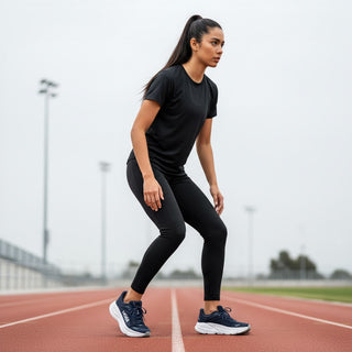 FWSports Shoes model wearing naval blue Hoka Bondi 9 running shoes on an outdoor track for maximum cushioning.