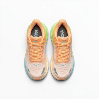 FWSports Shoes Womens Hoka Bondi 9 running shoes in orange and green with breathable mesh and plush cushioning.