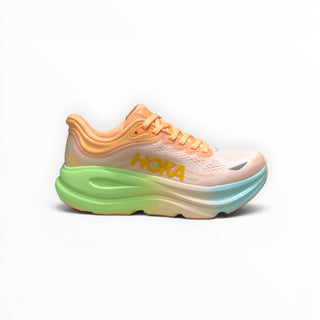 FWSports Shoes Hoka Bondi 9 men's running shoe in orange and green with a thick cushioned EVA midsole.