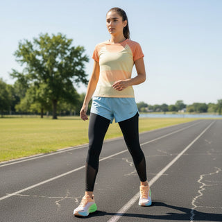 FWSports Shoes Hoka Bondi 9 running shoes in orange and green worn by a woman on a track in athletic gear