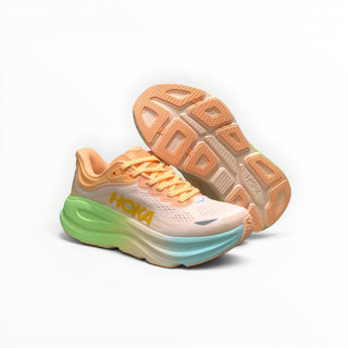 FWSports Shoes Hoka Bondi 9 men's running shoes in orange and green with plush cushioning and mesh upper.