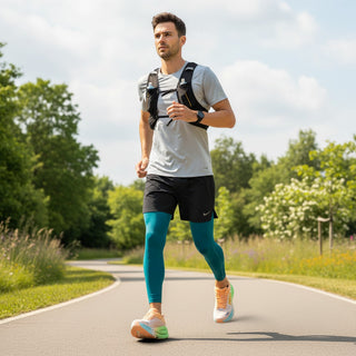FWSports Shoes Mens Hoka Bondi 9 running shoes in orange and green worn by a male runner on a paved outdoor path.