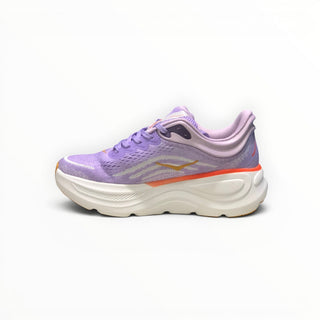 FWSports Shoes women's Hoka Bondi 9 running shoe in purple with a thick white cushioned midsole and mesh upper.
