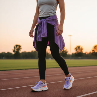 FWSports Shoes Hoka Bondi 9 women's running shoes in purple with plush cushioning, worn on an outdoor track.