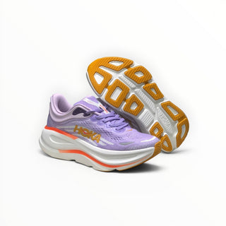 FWSports Shoes Hoka Bondi 9 women's running shoes in purple with a thick white EVA midsole and orange rubber outsole.