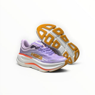 FWSports Shoes Hoka Bondi 9 running shoes in purple with orange accents, featuring a thick cushioned sole and mesh upper