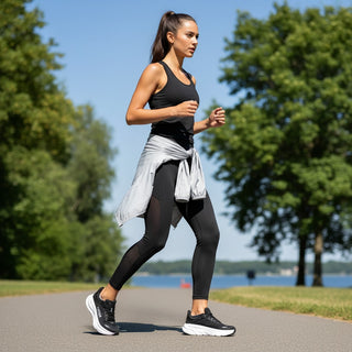 A woman running outdoors wearing FWSports Shoes Hoka Bondi 9 black and white sneakers with plush cushioning.