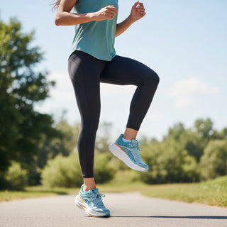 FWSports Shoes Hoka Bondi 9 running shoe in light blue and orange on a runner performing high knees on a paved path