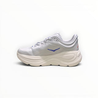 FWSports Shoes women's Hoka Bondi 9 running shoe in white with blue accents, featuring a thick cushioned EVA midsole.