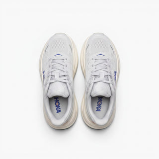 FWSports Shoes Women's Hoka Bondi 9 running shoes in white and blue with breathable mesh and plush cushioning.