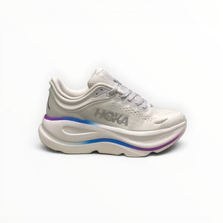 FWSports Shoes Hoka Bondi 9 men's running shoe in white with purple and blue gradient midsole accents