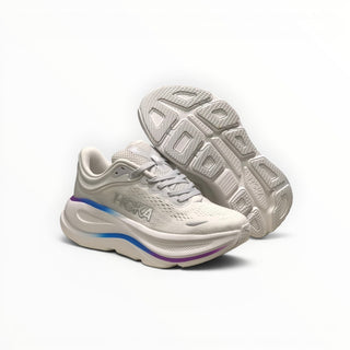 FWSports Shoes Hoka Bondi 9 mens running shoes in white with purple accents, featuring plush cushioning and mesh upper.