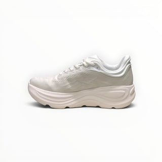 FWSports Shoes women's Hoka Bondi 9 running shoe in all white with a thick cushioned EVA midsole and mesh upper.