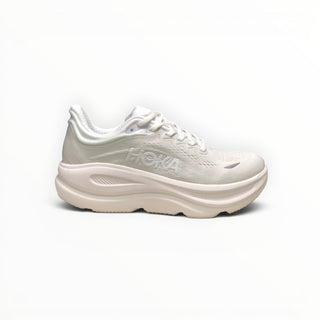 FWSports Shoes Hoka Bondi 9 women's running shoe in all white with engineered mesh upper and thick cushioned EVA midsole