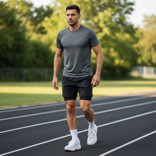 FWSports Shoes model wearing all white Hoka Bondi 9 running shoes with plush cushioning on an outdoor track