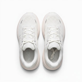 Top view of FWSports Shoes Womens Hoka Bondi 9 running sneakers in all white with breathable mesh and plush cushioning.