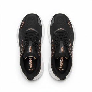 Top view of FWSports Shoes Hoka Clifton 10 men's running shoes in black and brown with breathable mesh upper.