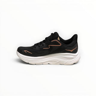 FWSports Shoes Womens Hoka Clifton 10 running shoe in black with brown accents and a thick white cushioned midsole.