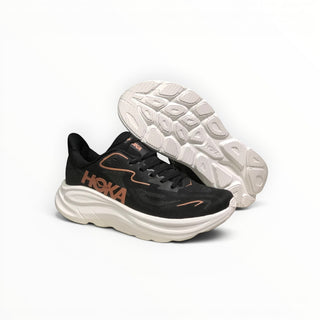 FWSports Shoes Womens Hoka Clifton 10 running shoes in black and brown with a thick white cushioned EVA midsole.