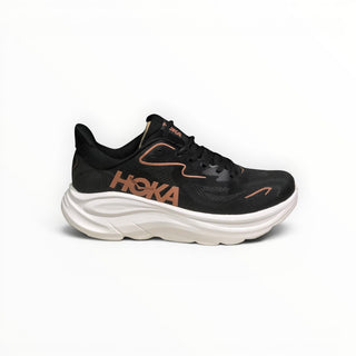 FWSports Shoes Womens Hoka Clifton 10 running shoe in black mesh with brown logo accents and a thick white EVA midsole