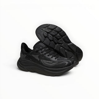 FWSports Shoes Hoka Clifton 10 men's running shoe in black with engineered mesh upper and thick cushioned EVA midsole.