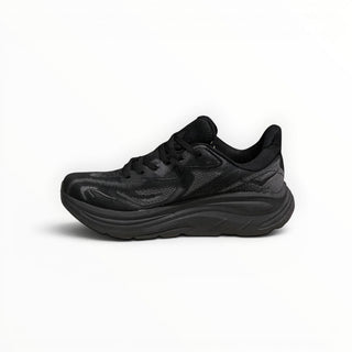 FWSports Shoes Womens Hoka Clifton 10 running shoe in black with breathable mesh upper and thick cushioned EVA midsole.