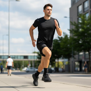 FWSports Shoes model running on a city street wearing black Hoka Clifton 10 sneakers with breathable mesh uppers