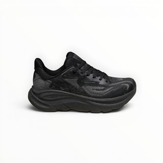FWSports Shoes Womens Hoka Clifton 10 running shoe in black with breathable mesh upper and thick EVA midsole.