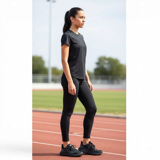 FWSports Shoes model wearing black Hoka Clifton 10 running shoes on a track, featuring mesh upper and thick cushioning.