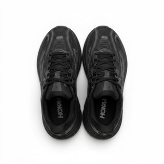 FWSports Shoes Hoka Clifton 10 men's running shoes in all black with breathable mesh upper and cushioned EVA midsole.