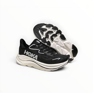 FWSports Shoes Hoka Clifton 10 running shoes in black and white with breathable mesh and thick cushioned EVA midsole.