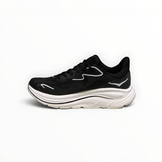 FWSports Shoes Womens Hoka Clifton 10 running shoe in black and white with breathable mesh and thick EVA midsole