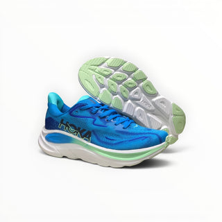 FWSports Shoes Hoka Clifton 10 men's running shoe in blue with a white and mint green cushioned EVA midsole
