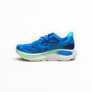 FWSports Shoes Hoka Clifton 10 men's running shoe in blue with a thick white and mint green cushioned EVA midsole.
