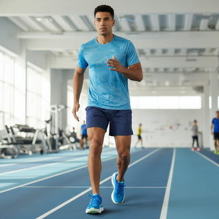 A male athlete wearing blue Hoka Clifton 10 running shoes on an indoor track at FWSports Shoes.