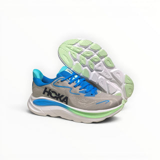 FWSports Shoes Hoka Clifton 10 men's running shoe in grey and blue with a thick white and light green EVA midsole.