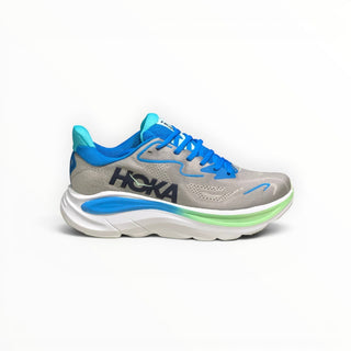 FWSports Shoes women's Hoka Clifton 10 running shoe in grey and blue with a thick white cushioned midsole.