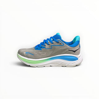 FWSports Shoes Hoka Clifton 10 men's running shoe in grey and blue with a thick white cushioned midsole.