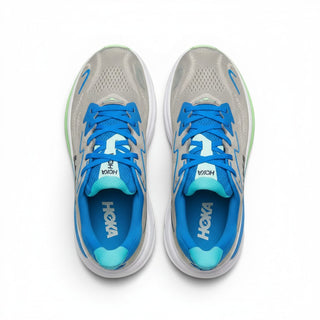 Top view of FWSports Shoes Hoka Clifton 10 men's running shoes in grey and blue with breathable mesh upper.