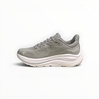 FWSports Shoes women's Hoka Clifton 10 running shoe in grey with breathable mesh upper and thick white EVA midsole.