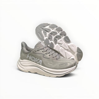 FWSports Shoes women's Hoka Clifton 10 running shoes in grey with breathable mesh upper and thick cushioned midsole.