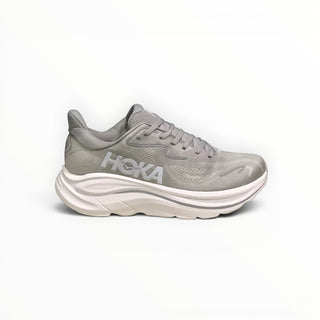 FWSports Shoes Hoka Clifton 10 men's running shoe in grey with breathable mesh upper and thick white EVA midsole.